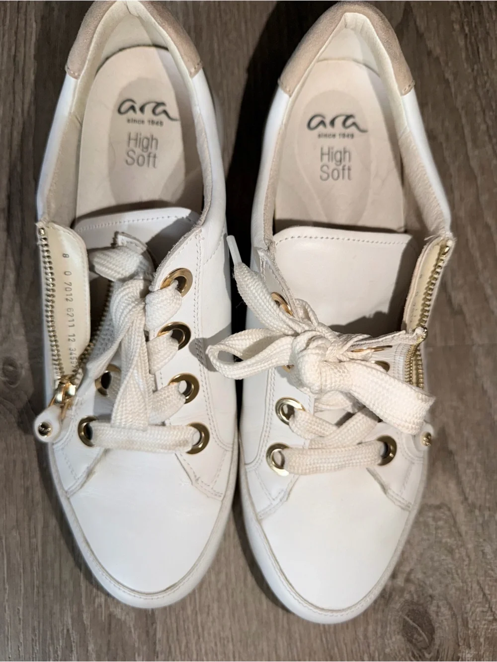 Ara White Leather Lace-Up Sneakers with Gold Accents